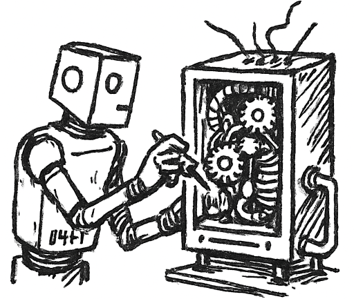A robot carefully tinkering with a strange machine.